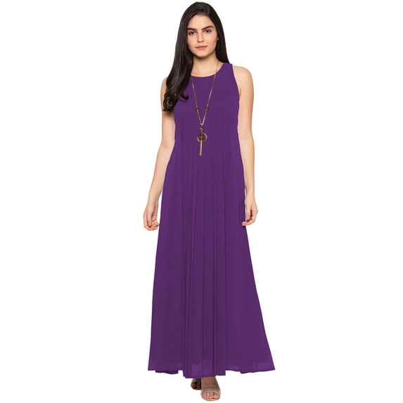 eloria Women's Georgette Roundneck Casual Summer Pleated A Line Sleevless Long Dress, Color : Violet | Size : M