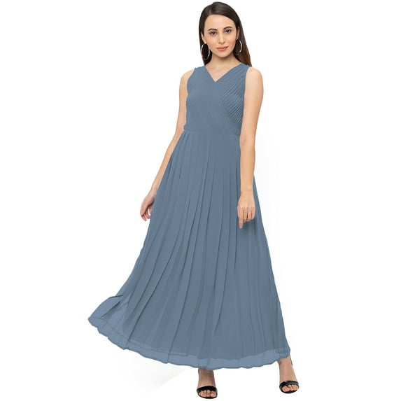 eloria Women's Georgette Summer Casual Pleated Design V Neck Sleevless A Line Long Dress, Color : Grey 2 | Size : XS