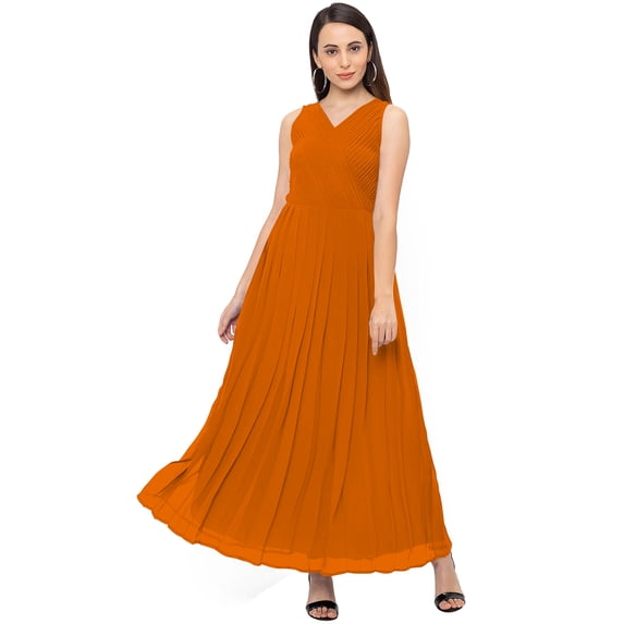 eloria Women's Georgette Summer Casual Pleated Design V Neck Sleevless A Line Long Dress, Color : Orange | Size : M