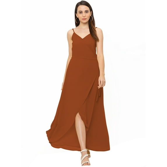 eloria Women's Georgette Summer Casual Split V Neck Sleevless Long Dress With Tie, Color : Brown | Size : L