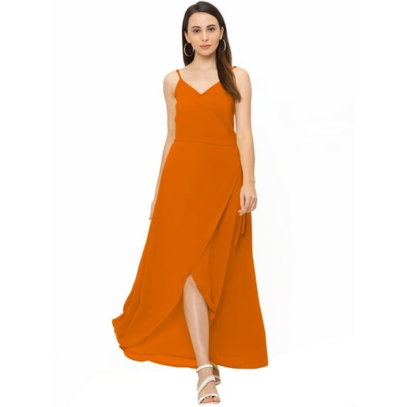 eloria Women's Georgette Summer Casual Split V Neck Sleevless Long Dress With Tie, Color : Orange | Size : XXL