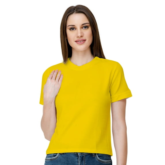 eloria Women's Lycra Round Neck Slim Fitted Basic Tee Tops Short Sleeve T-Shirt, Color : Yellow