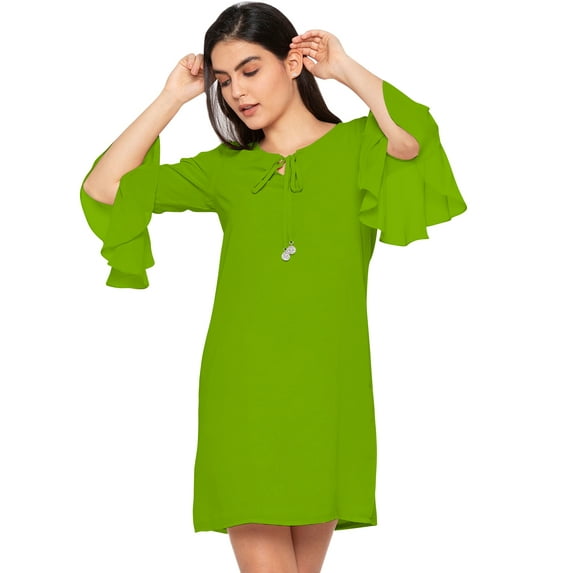eloria Women's Midi Dress Bell Sleeve Key Hole Tie Neck Summer Dress Size: L | Color: Parrot Green