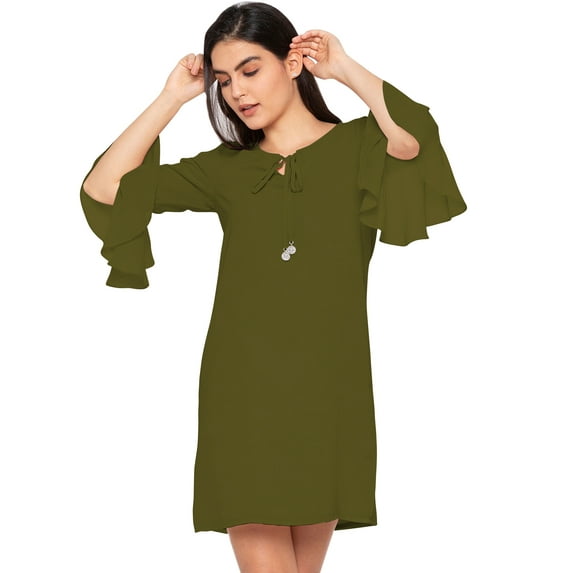 eloria Women's Midi Dress Bell Sleeve Key Hole Tie Neck Summer Dress Size: S | Color: Olive Green