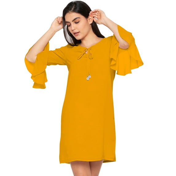eloria Women's Midi Dress Bell Sleeve Key Hole Tie Neck Summer Dress Size: XS | Color: Dark Yellow