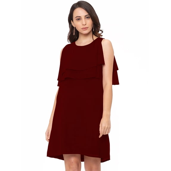 eloria Women's Roundneck Partywear Sleevless Midi dress With Frilled Design, Color : Dark Maroon | Size : 3XL