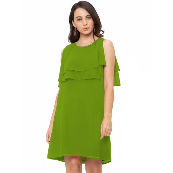 eloria Women's Roundneck Partywear Sleevless Midi dress With Frilled Design, Color : Green 2 | Size : XS