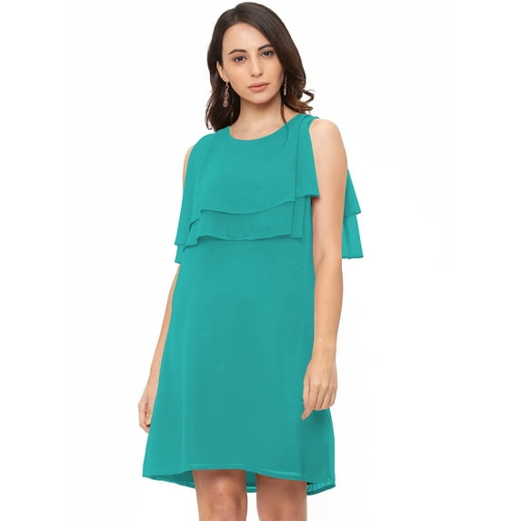 eloria Women's Roundneck Partywear Sleevless Midi dress With Frilled Design, Color : Teal | Size : M