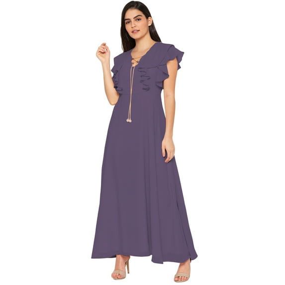 eloria Women's Ruffels Sleeve Party Wear Dress A-line Fit & Flare Long Dress Size: M | Color: Purple