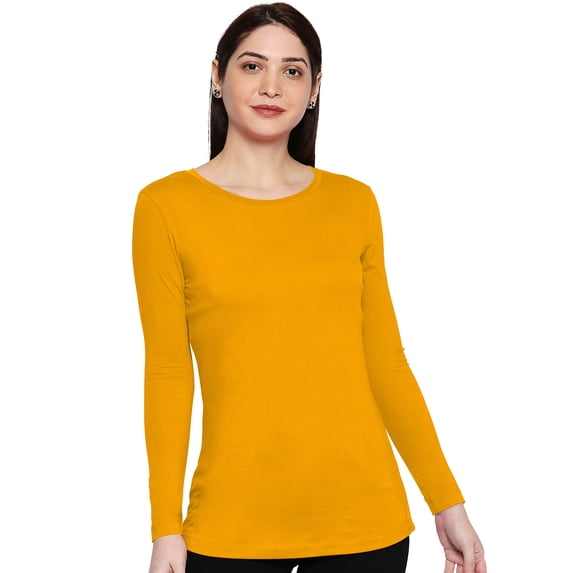 eloria Women's T-Shirt Round Neck Solid Color Plain Full Sleeve T-Shirt Color: Musturd | Size: L