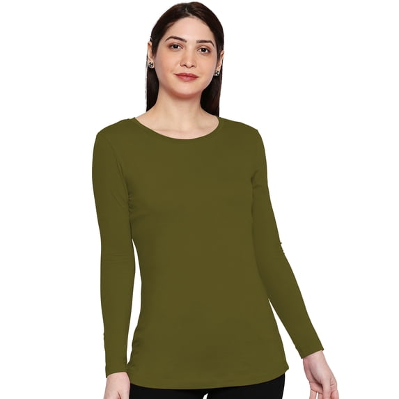 eloria Women's T-Shirt Round Neck Solid Color Plain Full Sleeve T-Shirt Color: Olive Green | Size: XS