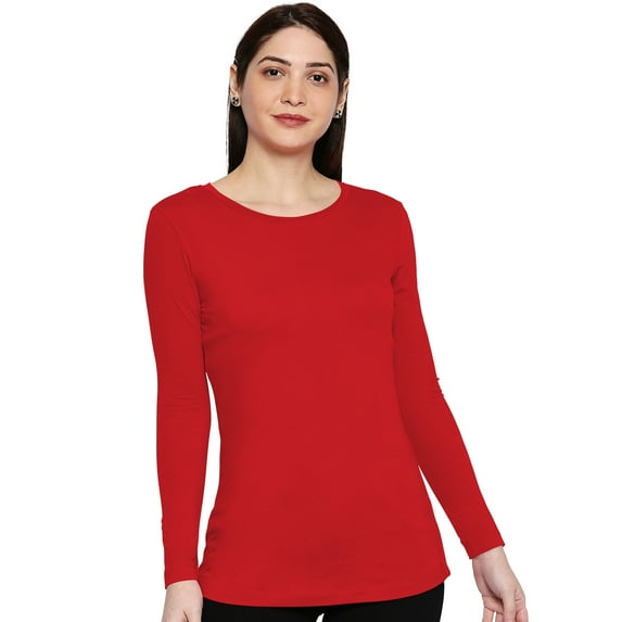 eloria Women's T-Shirt Round Neck Solid Color Plain Full Sleeve T-Shirt Color: Red | Size: XL