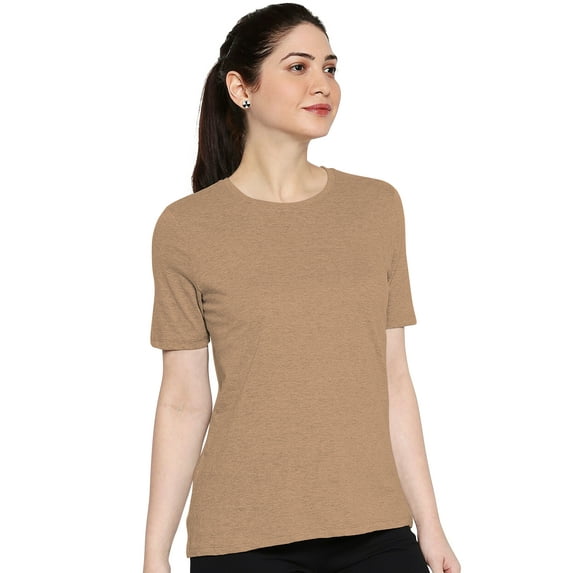 eloria Women's T-Shirt Round Neck Solid Color Plain Half Sleeve T-Shirt Color: Beige | Size: XS
