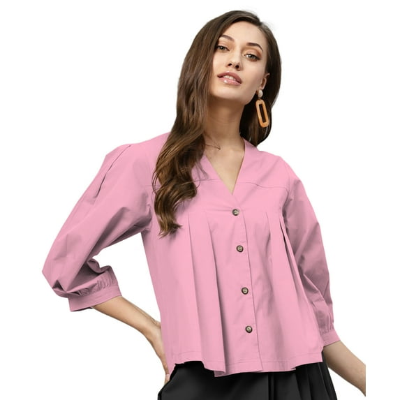 eloria Women's Top V Neck Full Sleeve Pleated Button Down Cotton T-Shirt, Color: Baby Pink | Size: 2XL