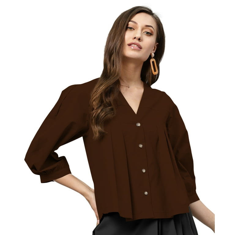 eloria Women's Top V Neck Full Sleeve Pleated Button Down Cotton T