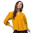 thumbnail image 1 of eloria Women's Top V Neck Full Sleeve Pleated Button Down Cotton T-Shirt, Color: Dark Yellow | Size: S, 1 of 1