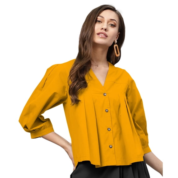 eloria Women's Top V Neck Full Sleeve Pleated Button Down Cotton T-Shirt, Color: Dark Yellow | Size: S