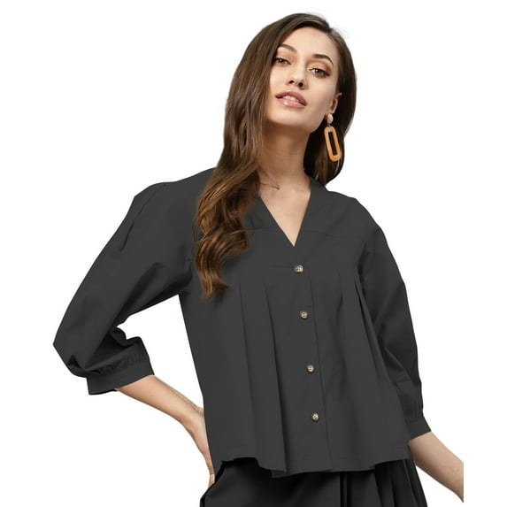 eloria Women's Top V Neck Full Sleeve Pleated Button Down Cotton T-Shirt, Color: Grey | Size: L