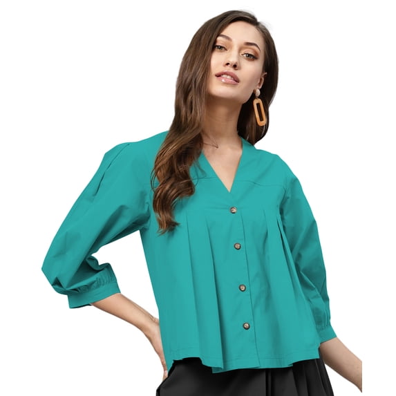 eloria Women's Top V Neck Full Sleeve Pleated Button Down Cotton T-Shirt, Color: Teal | Size: 2XL