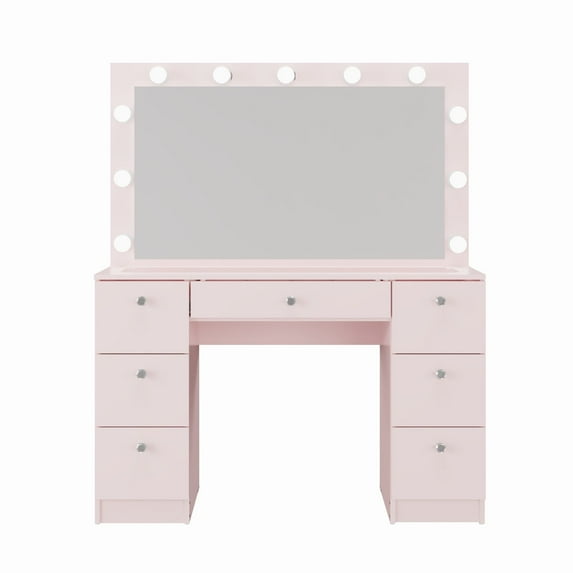 Ember Interiors Ibbie Pink Makeup Vanity with Glass Top, Lights, Charging Station