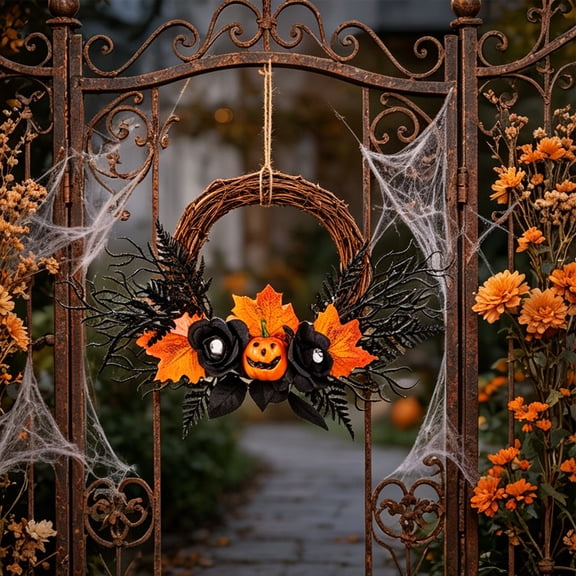 emdiqzs Halloween Wreath, Grapevine Base with Orange Pumpkins Black Roses Fern Fronds for Door Tree Hanging Ornament
