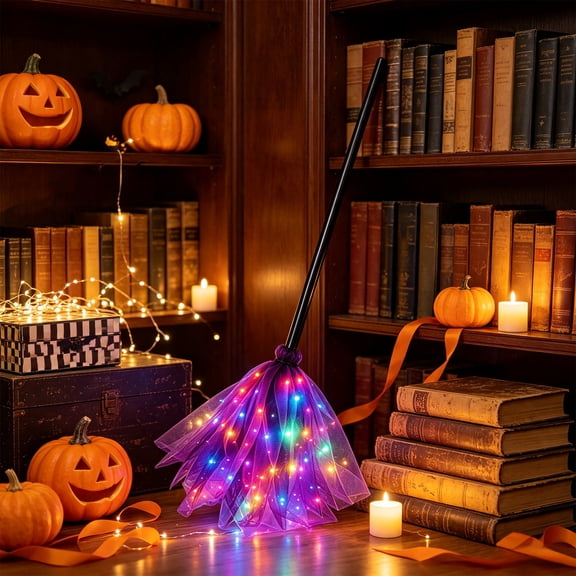 emdiqzs Light Up Witch Broom, LED Illuminated Broomstick Prop for Halloween Decorations Indoor, Party and Porch Display