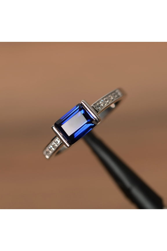 emerald cut September birthstone east west ring sterling silver lab sapphire proposal ring