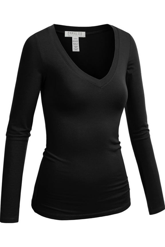 women's casual basic v-neck tshirt long sleeves tee top - junior and plus sizes