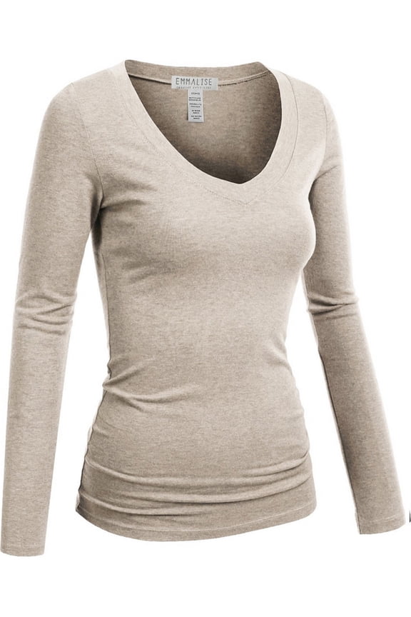 women's casual basic v-neck tshirt long sleeves tee top - junior and plus sizes
