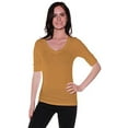thumbnail image 1 of Emmalise Women's Slim Athletic Fit Vneck Tshirt Half Sleeves Top Jr Size (Gold Mustard, Large), 1 of 3