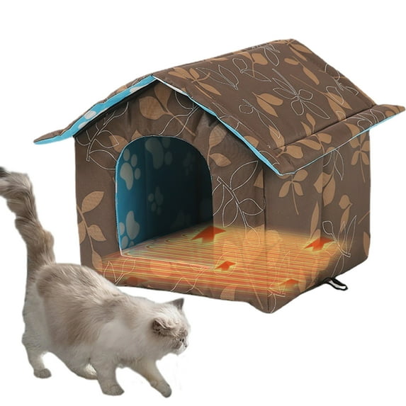 Outdoor Cat House, Cat Houses for Outdoor Cats, Weatherproof Warm and Insulated Cat House with Transparent Curtain Pet House, Stray Cats Shelter (Shabby Chic)