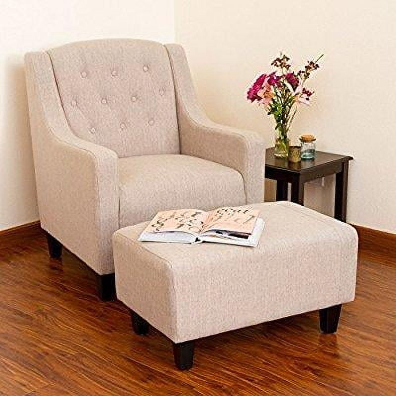 Beige Tufted Upholstered Chair and Ottoman with Wood Legs
