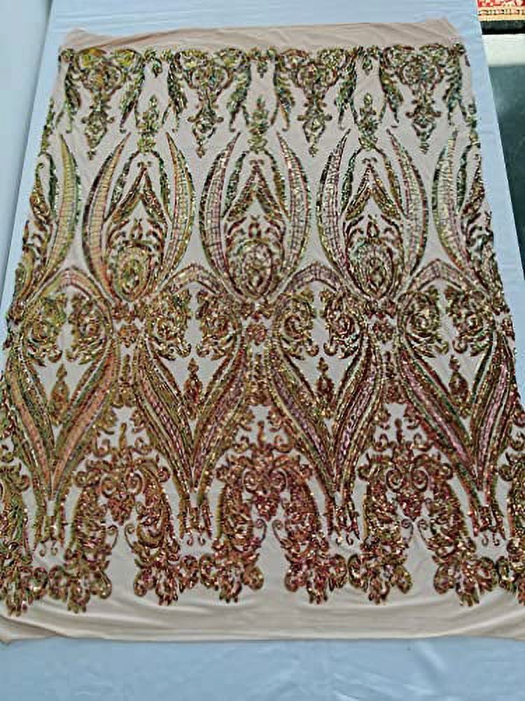 Iridescent/Burgundy Two tone damask design with sequins embroider on a 4 way stretch mesh fabric-sold by the yard. Rainbo main image 1