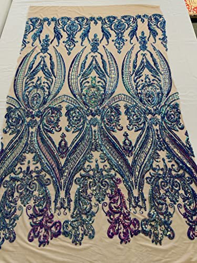 Orange iridescent phoenix feather design with sequins embroider on a Black 4 way stretch mesh fabric-sold by the yard. main image 1