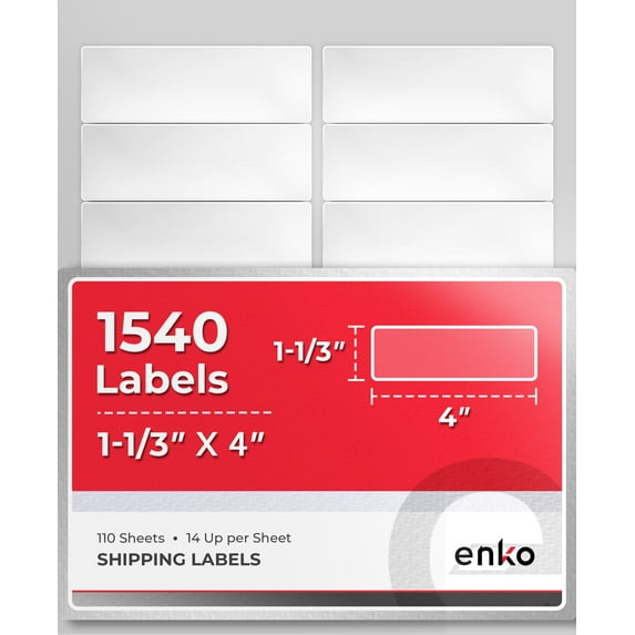 enKo 1540 Labels, 1-1/3" x 4" - White - Address, Mailing, Shipping & Barcode Blank Labels
