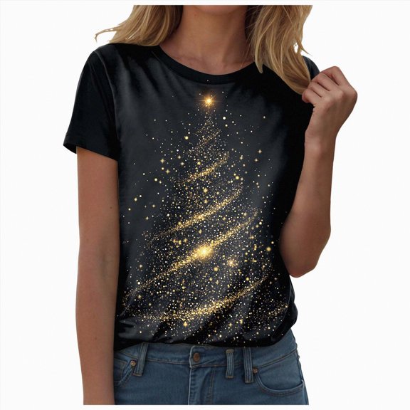 enayn Christmas Graphic Tees for Women Trendy Womens Oversized T Shirts Short Sleeve Crewneck Tops Casual Loose Basic Tee Shirts 2025 Summer Trendy Outfits Black,M