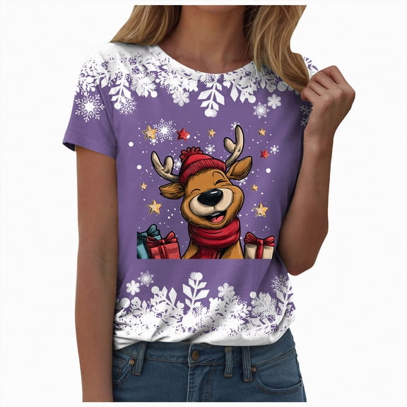 enayn Christmas Plus Size Graphic Tees for Women 2025 Short Sleeve CrewNeck Shirts Cute Fit Casual Tee Tops Purple,XXL