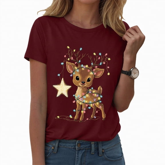 enayn Christmas Women T Shirts Womens Graphic Tees Short Sleeve Summer Tops Funny Print Crew Neck Casual Loose Cute T Shirts Wine,XL