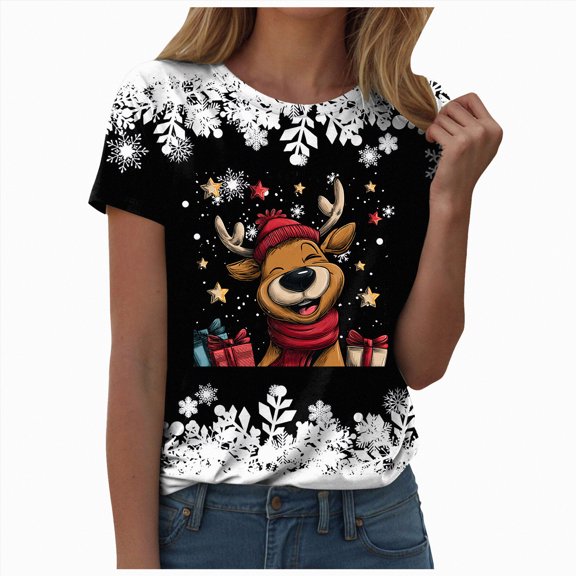 enayn Women's T Shirts Short Sleeve Tees Cute Graphic Loose Summer Tops Christmas Tshirts Shirts for Women Black,XXL