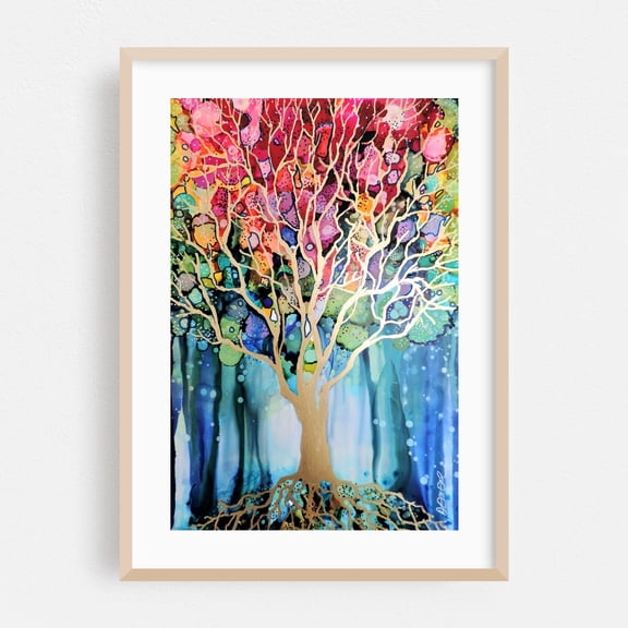encore debout - Painting Abstract Nature Modern Art Psychedelic Watercolor Surrealism Forest Oak Framed Wall Art Print 24 x 36 inches