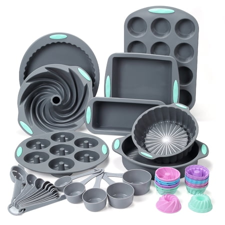 To encounter 49 Pieces Silicone Bakeware Set, BPA Free Silicone Baking Pans, Nonstick Silicone Baking Molds for Cake, Bread and Muffin, with Measuring Cups and Spoons Set, Light Grey