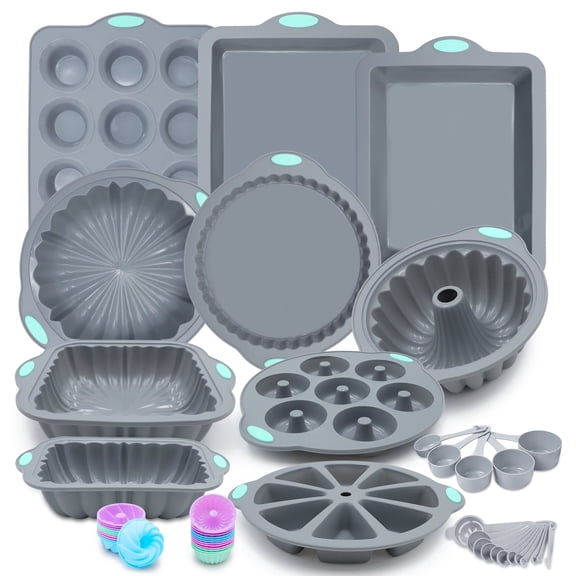 To encounter 51 Piece Silicone Baking Pan Set, Non-Stick Bakeware Set with Baking Pans, Reusable Donut Mold, Food-Grade Silicone Molds for Cakes, Cookies, Muffins, Bread, Light Grey