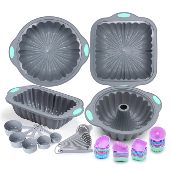 To encounter 69 Pieces Silicone Baking Set, Non-Stick Bakeware Set with Cake Pans, Muffin Cups, Food Grade Silicone Baking Molds for Cakes, Bread, Muffins, Brownies, Light Grey