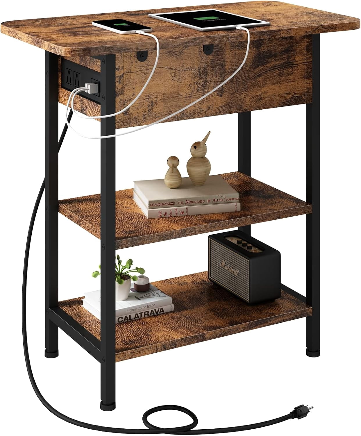 LIDYUK End Table With Charging Station - Flip Top Side Table With USB Ports & Outlets, Brown