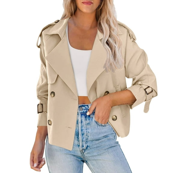 endy Lapel Solid Colored Trench Coat Long Sleeved Casual Loose Fitting Short Fashion Jacket Ladies Outerwear Work Office Jacket