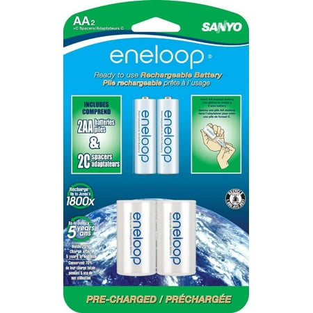 eneloop AA with "C" Spacers, 1800 cycle, Ni-MH Pre-Charged Rechargeable Batteries, 2 Pack