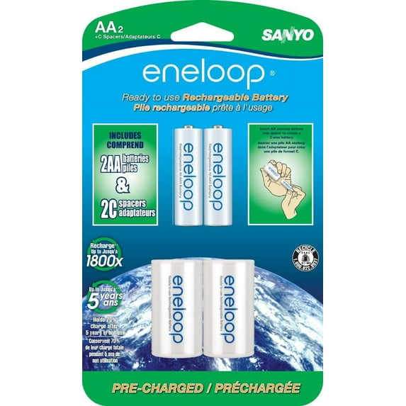 eneloop AA with "C" Spacers, 1800 cycle, Ni-MH Pre-Charged Rechargeable Batteries, 2 Pack