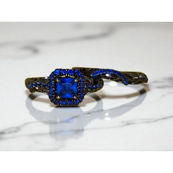 engagement ring set, Blue Sapphire ring, black rhodium plated, anniversary gift, gift for her, statement silver ring Size US 8