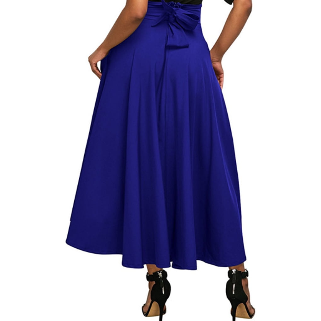 enquiret Women High Waist Side Split High Waist Belt Pleated Long Skirt