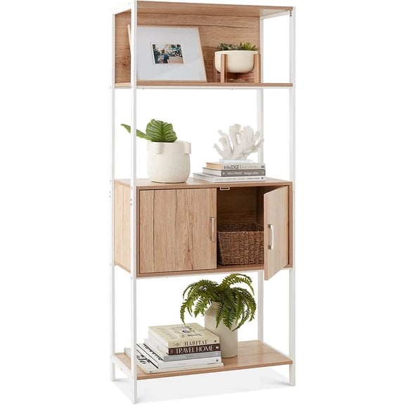 enshijinzi 4-Tier Bookshelf, Tall Bookcase, Wood Storage Cabinet for Living Room, Bedroom, Entryway, Home Office w/Cabinet, Enclosed Storage, Shelf Space, Metal Sturdy Frame - Light Oak